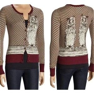 RARE Anthropologie Knitted Dove Cardigan Sweater Womens L Burgundy Red & Tan Owl